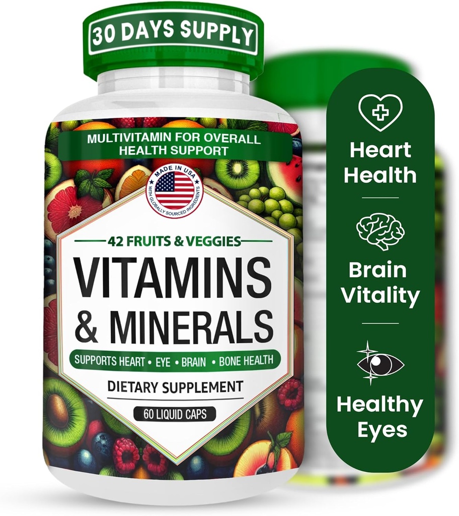 Multivitaminas/Minerals Capsules con Zinc y Premium 42 Frutas y verduras Blend para Immune Support Daily Multivitamin Capsule Antioxidante Suplemento para el Sistema de Inmunidad 60 cápsulas