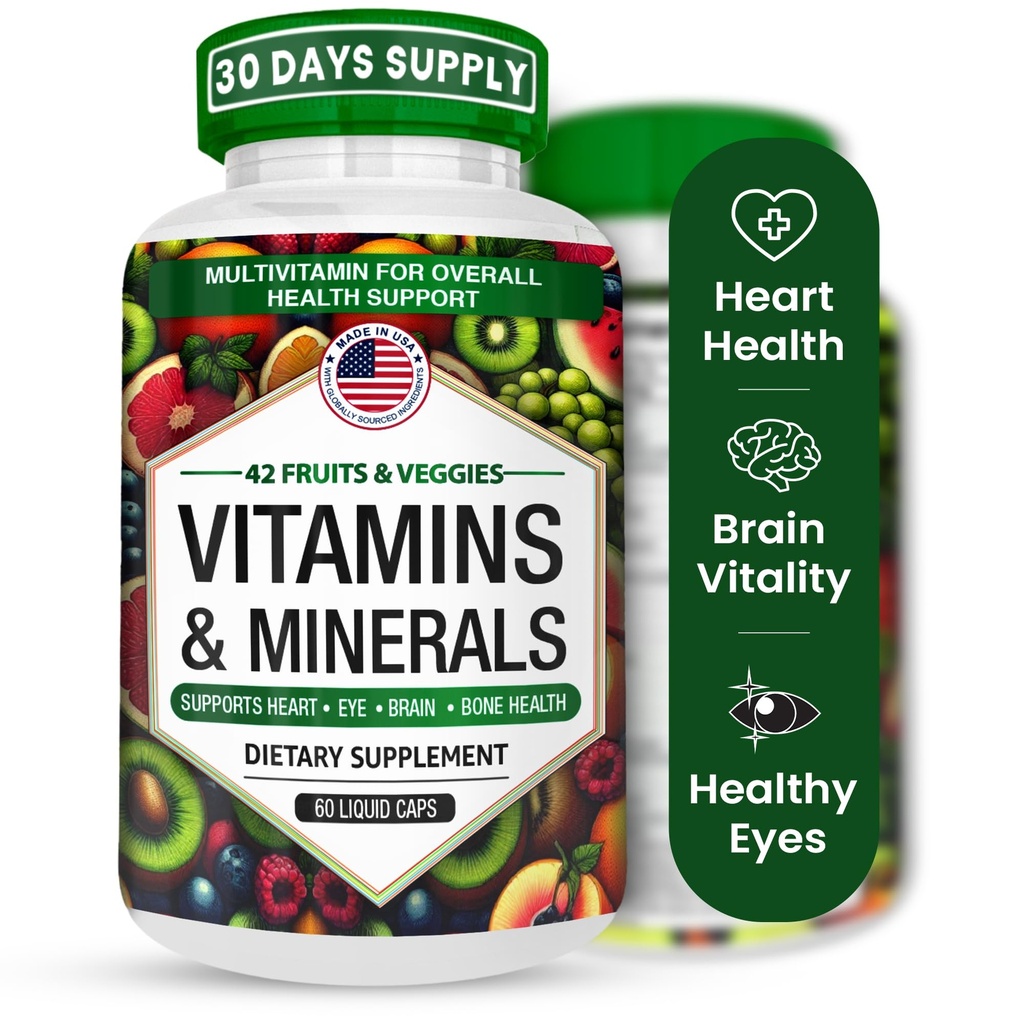 Multivitaminas/Minerals Capsules con Zinc y Premium 42 Frutas y verduras Blend para Immune Support Daily Multivitamin Capsule Antioxidante Suplemento para el Sistema de Inmunidad 60 cápsulas