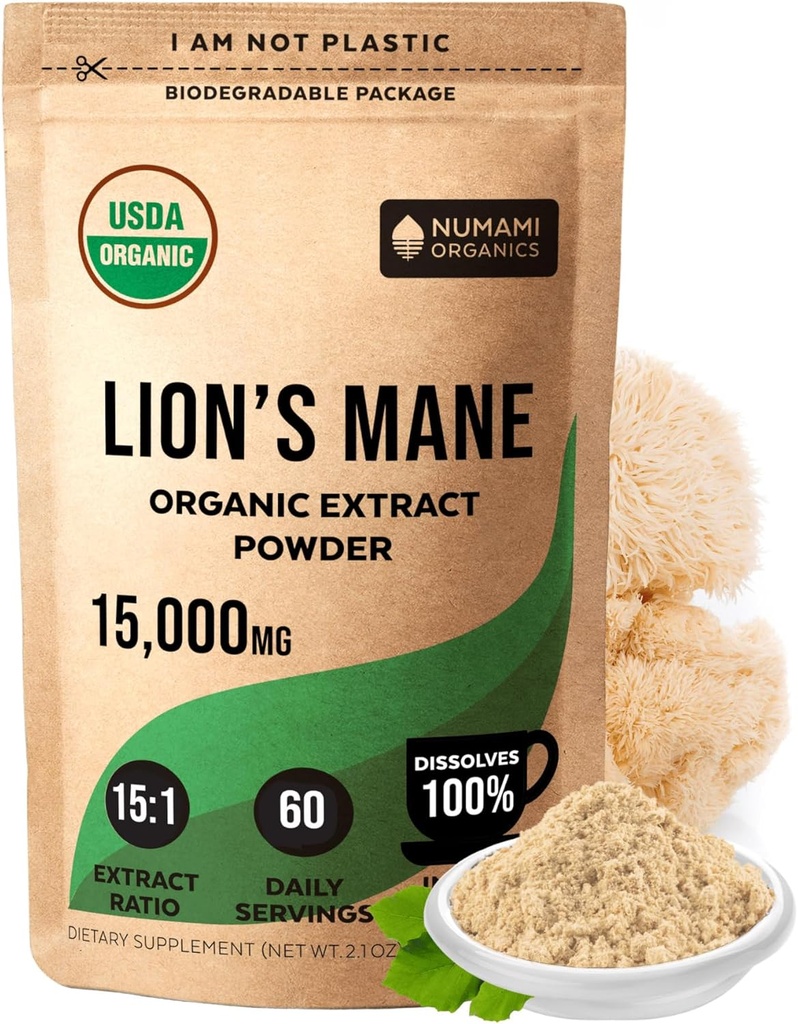 Numami Organic Lions Mane Mushroom Extract Powder ← Double Extraction for High Potency  sometida Fácilmente Dissolves in Daily Tea Coffee o Smoothie to Enhance Cognitive Function