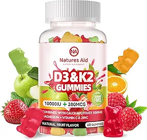 Natures Aid Sugar-Free Vitamin D3 K2 Gummies with Calcium + K2 (MK-7), Magnesium Citrate, Vitamin C, Extra Strength - Ultimate Absorption for Bone Muscle Teeth Immune, Vegan - 60 Gummies