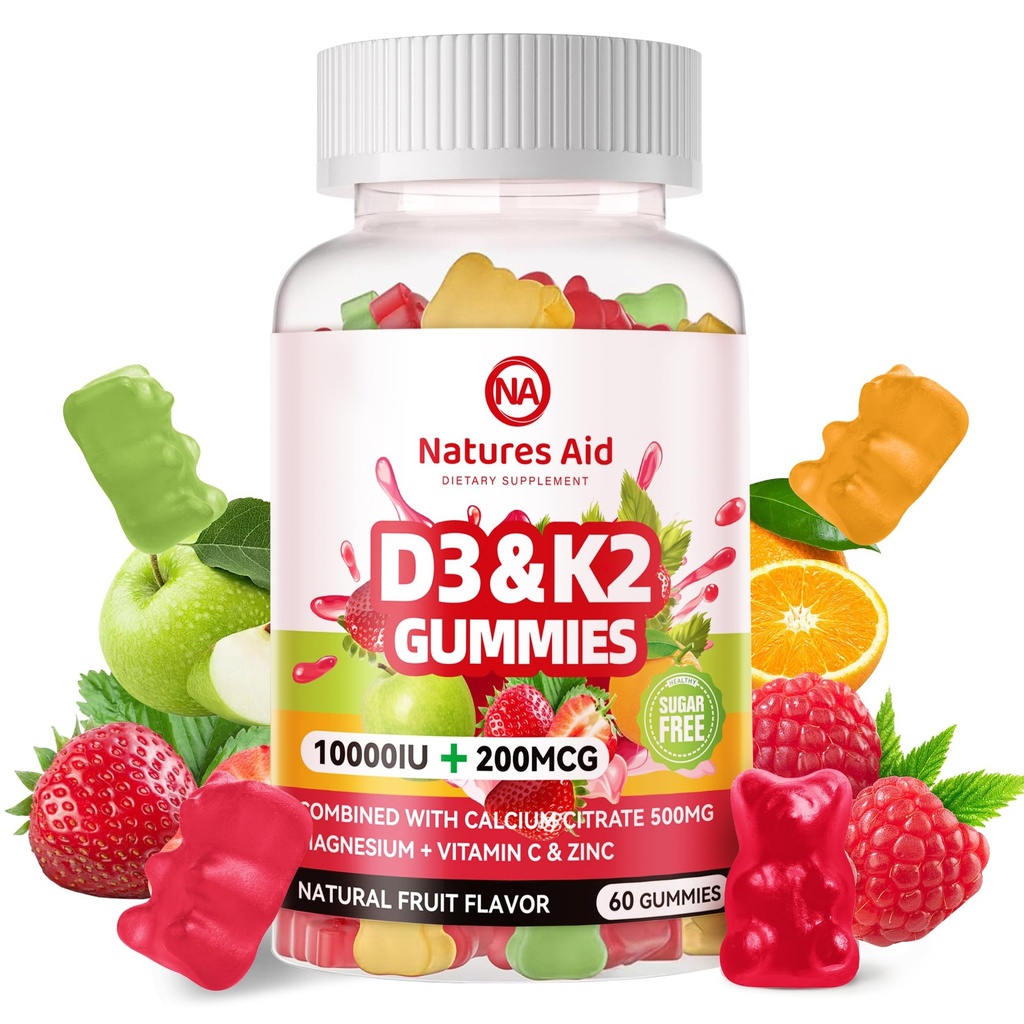 Natures Aid Sugar-Free Vitamin D3 K2 Gummies with Calcium + K2 (MK-7), Magnesium Citrate, Vitamin C, Extra Strength - Ultimate Absorption for Bone Muscle Teeth Immune, Vegan - 60 Gummies