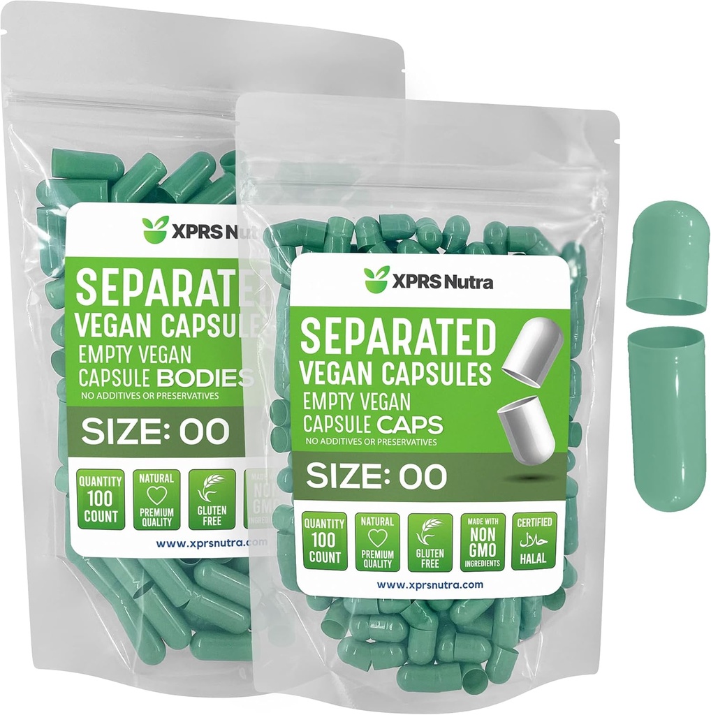 XPRS Nutra Vegan Tamaño 00 cápsulas separadas - 100 cápsulas de vacío premium de cuenta separadas en bolsas - 00 pastillas vacío para relleno de suplemento de bricolaje (verde de sabio)