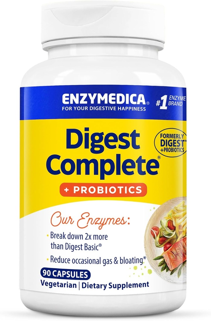 Enzymedica, Digest Complete + Probiotics, Full-Range, Enzymes diarios con 800 millones de CFU Culturas activas por cápsula, 90 cápsulas