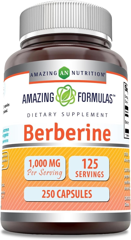 Amazing Formulas Berberine 1000mg Por Serving 250 Capsules Suplemento Silencio No GMO TENIDO Gluten Free TEN Made in USA- Proudly Made in The USA with Guaranteed Purity & Potency