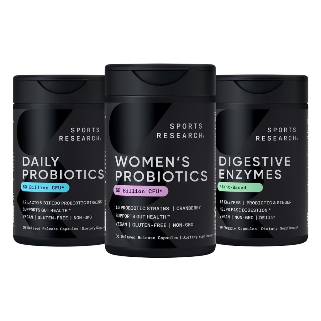 Sports Research All Vegan - Daily Probiotics with Prebiotics (60 Billion CFU), Digestive Enzymes with & Ginger (Plant Based) & Women's Probiotics with Prebiotics (65 Billion CFU)