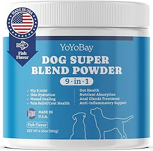 Suplementos para perros, Suplementos para perros Super Blend Powder 9 en 1, Vitaminas para perros, con Islandia Fish Powder, Apoyo Gut Health, Hip y Conjunto, Multivitamin Support, 6.35oz, Fish Flavor