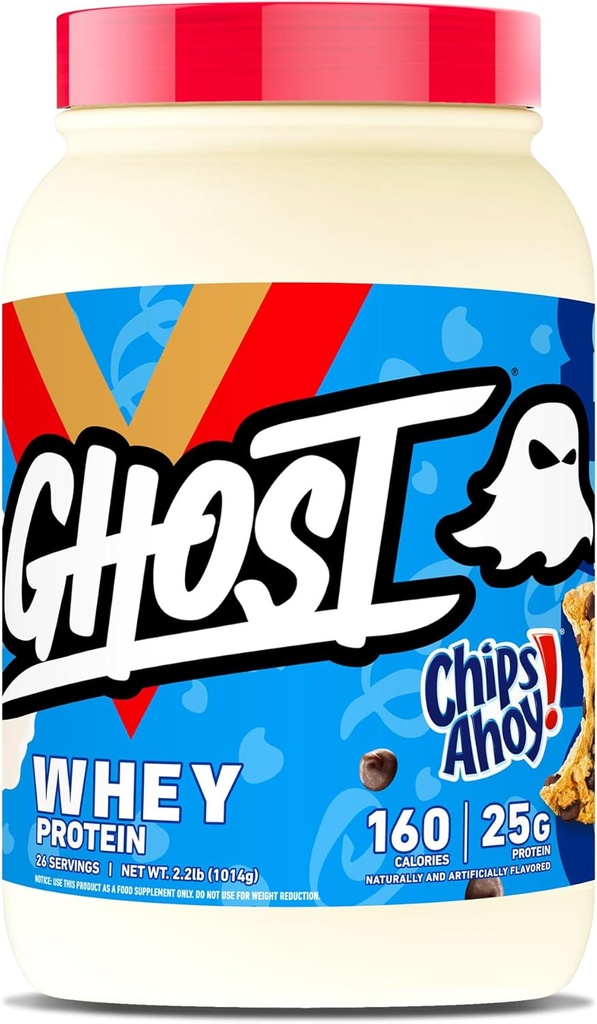 GHOST Whey Protein Powder, Chips Ahoy! - 2LB, 25G de Protein - Whey Protein Blend - ­Post Workout Fitness & Nutrition Shakes, Smoothies, Baking &amp; Cooking - Cookie Pieces Inside