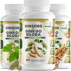 GreeNatr Ginko Biloba & Panax Ginseng Supplement - Red Ginseng Brain Supplement for Memory and Focus - Ginkgo Biloba Supplements for Good Vision, Immune System and Improved Blood Flow - 3 Bottles