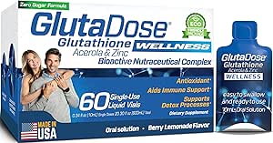 Glutatión líquido suplemento, Lemon Berry Flavored Acerola Energy Booster w/Zinc, Vitaminas diarias & minerales, Zero Sugar Formulation, Todos los días Auto-Inmune Support for Adults, 0.34 fl oz, Pack de 60