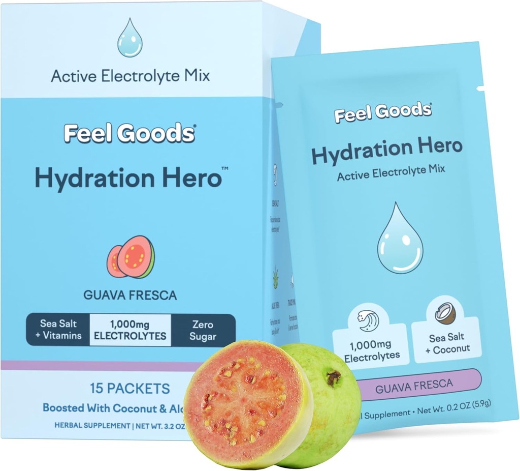 Siente los bienes Hidratación Héroe, 1000 mg Electrolitos Polvo, Azúcar Libre, Magnesio, Agua de coco orgánico, L Theanine, Vitamina C & B12, No GMO, Keto, Vegan, Packets de electrolitos.