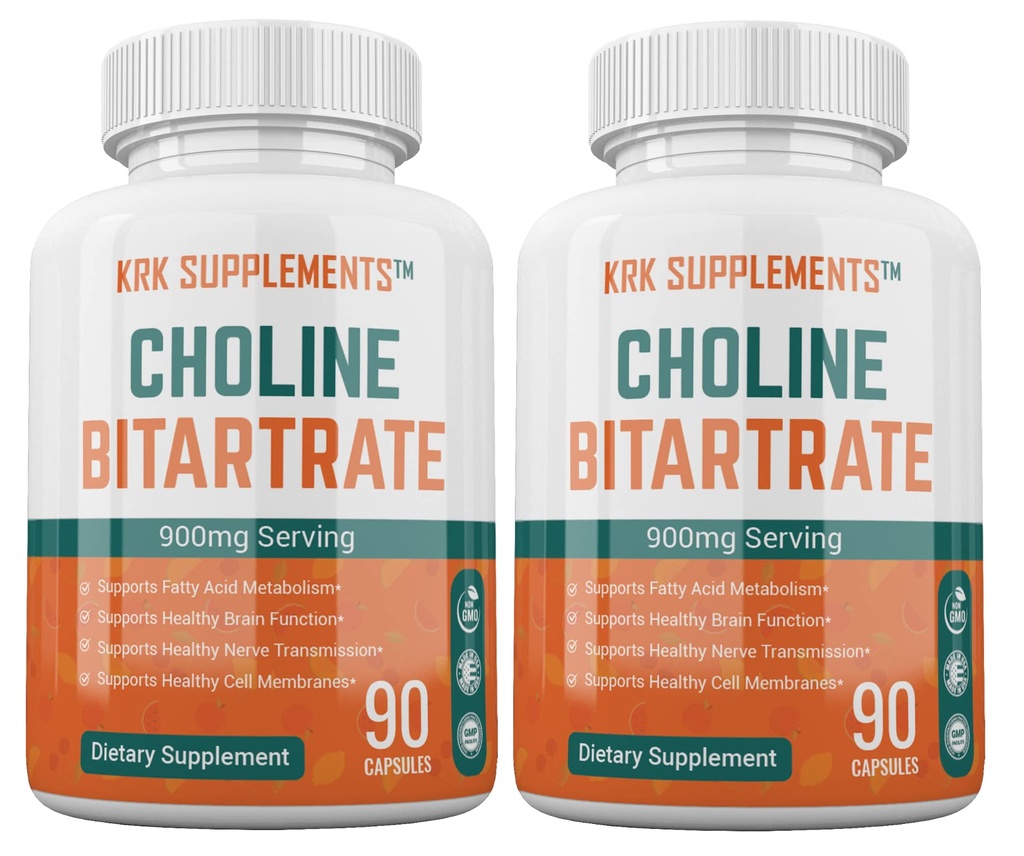 2 Bottles Choline Bitartrate 900mg Per Serving 180 Total Capsules KRK Supplements