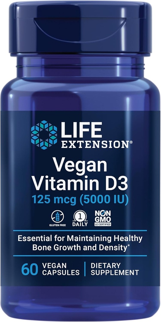 Extensión de la vida Vitamina Vegana D3, 125 mcg (5000 UI), cholecalciferol de Algae, Immune de alta potencia, Bone & Whole-Body Health, Gluten-Free, Non-GMO, 1 Daily, Vegan, 60 cápsulas Vegan