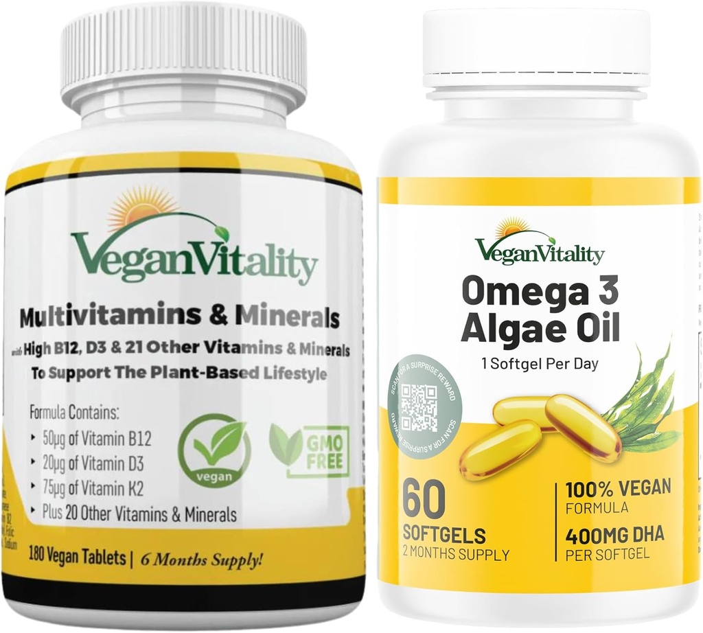 Vegan Vitality Immunity Booster Bundle 6 Meses - Vegan Multivitaminas y Vegan Omega 3 Algae Oil. Alta Fuerza Planta de Fórmula Basada en la Inmunidad, Energía Global Salud para Vegans y Vegetarianos