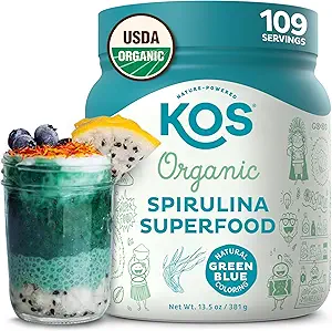 KOS USDA Organic Spirulina Powder, Natural Taste - 100% Puro, No Irradiated Vegan Green Blue Spirulina Superfood Powder, Planta Basada - Rico en Proteína, Vitaminas, Antioxidantes & Fiber, 60 Bolsa de Serviciones