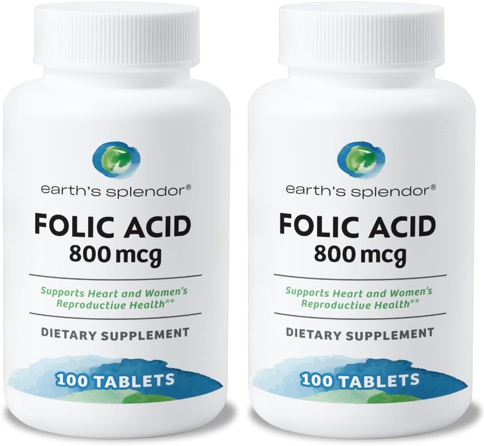Esplendor de la Tierra Folic Acid 800 mcg Suplemento, apoya la salud del corazón, apoya la salud reproductiva de las mujeres, tablas cubiertas de espuma (800 mcg, 200 Tabletas, Pack de 2)