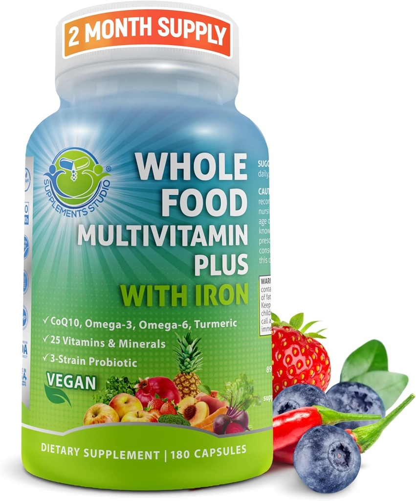 Vegan Whole Food Daily Multivitamin with Iron, Methylated Multivitamin for Women and Men, Made with Fruits & Vegetables, B-Complex, Probiotics, Enzymes, CoQ10, Omegas, Turmeric, Non-GMO, 180 Cuenta