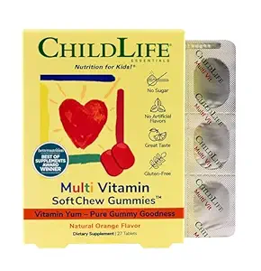 CHILDLIFE ESSENTIALS Kids Multivitamin SoftChew Gummies - Vitaminas para niños, Multivitamínico para niños, Gummies multivitamínicos, Vitaminas para niños, Vitamina para niños, Vitamina para el azucar libre - Naranja natural, 27 Tabletas