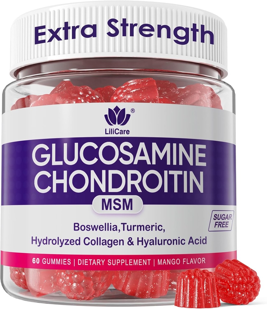 Glucosamine Chondroitin Gummies, Sugar Glucosamine Gratuito Chondroitin MSM Suplemento, Extra Strength with Boswellia Turmeric, Hydrolyzed Collagen & Hyaluronic Acid, Bone Health for Men &amp; Women, 60 Cts