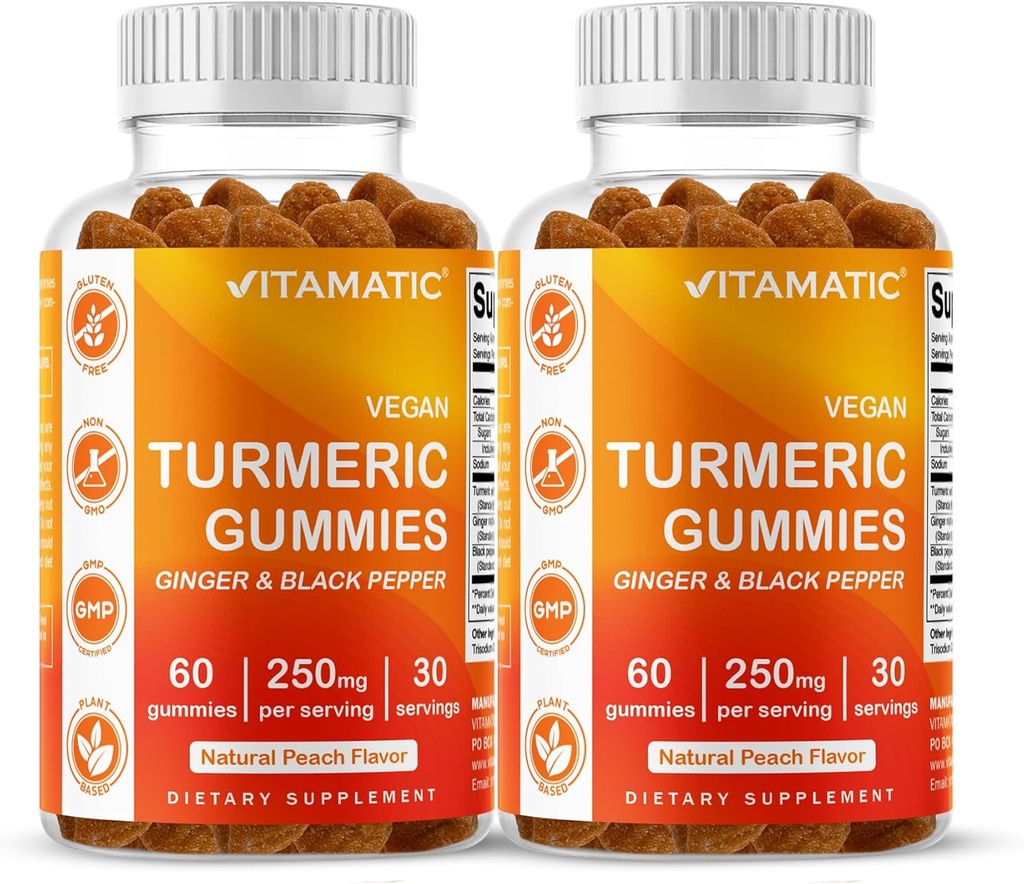 Vitamatic Turmeric Gummy with Ginger & Black Pepper Extract – 60 Gummies Vegan Cada TEN 2 Pack (120 Gummies) 95% Curcuminoides – Powerful Antioxidant &amp; Inflammatory Support