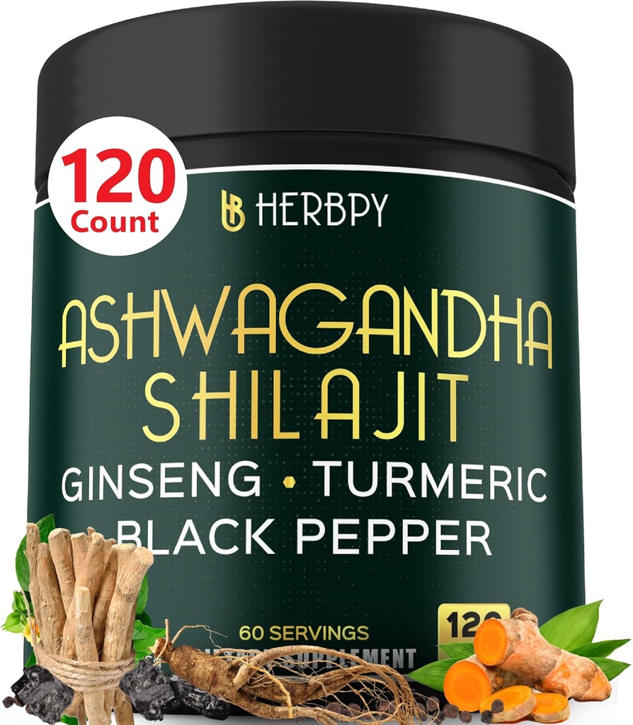 5in1 Ashwagandha Extra Strength with Shilajit for Stamina, Energy & Relax Support - Plus Ginseng, Turmeric Root & Black Pepper - 120 Count
