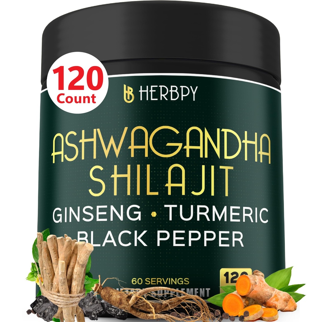 Herbpy 5in1 Ashwagandha Extra Strength with Shilajit for Stamina, Energy & Relaxation Support - Plus Ginseng, Turmeric Root & Black Pepper - 120 Count