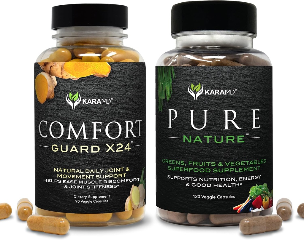 KaraMD Pura Naturaleza &amp; Comfort Guard Bundle ← Verdes Alimentarios enteros, Frutas & Verduras Suplemento + Movimiento Apoyo Silencioso No-GMO, Vegan, Libre de gluten (30 Servimientos Cada uno)