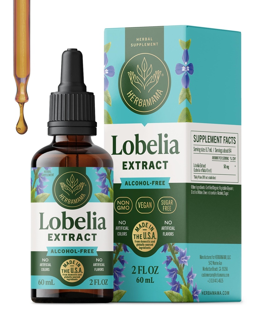 HERBAMAMA Lobelia Tincture - Vegan Lobelia Leaf Extract for Lung Detox " Cleanse - Respiratory Lung Support Drops - Non-GMO, Alcohol " Respiratory Support Supplement