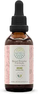 HerbEra Blood Booster Fórmula B60 Extracto libre de alcohol Tintura: Hoja de cuello picante, hoja de dandelión, espinacas, espirulina, Alfalfa, raíz de muelle amarillo, Herbal Iron Blend 2 Fl Oz
