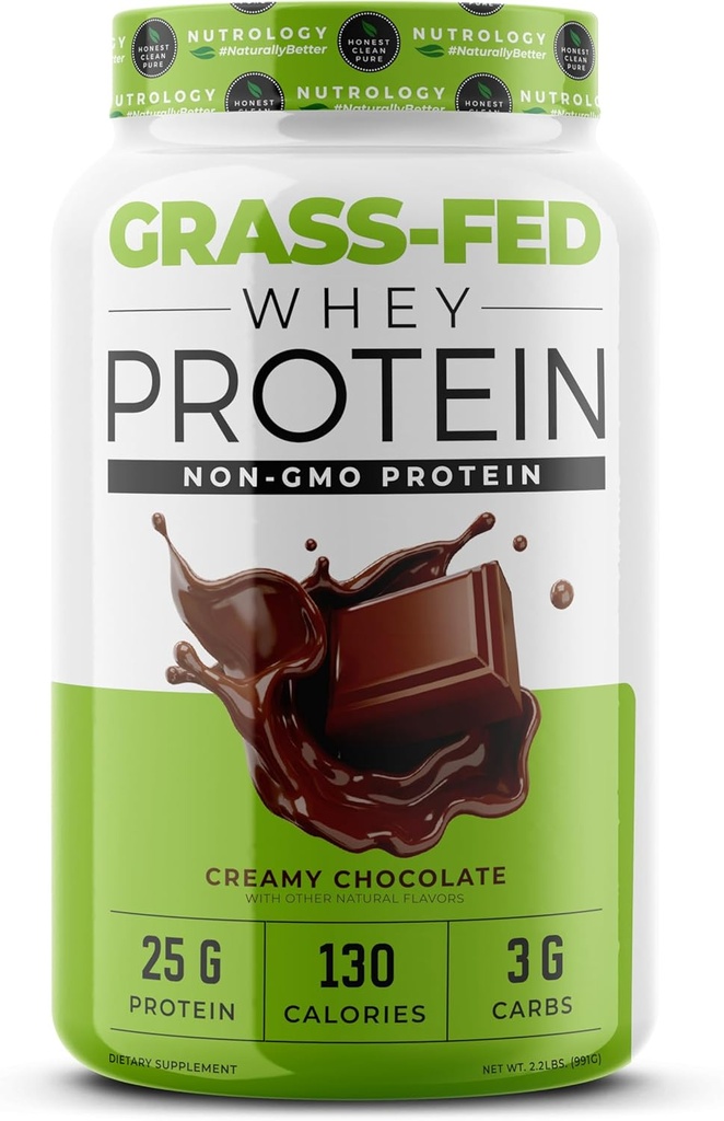 Nutrology Grass Fed Whey Protein Powder, Creamy Chocolate Flavor, Supports Lean Muscle Recovery & Performance, Cold Procesed Grass Fed Whey y Amino Acid Powder, Shake, Blend o Bake, 28 Servings
