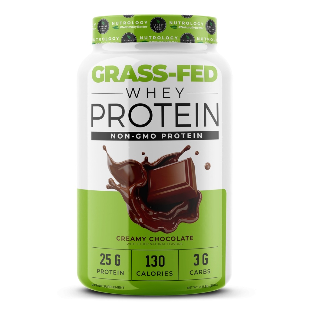 Nutrology Grass-Fed Whey Protein Powder, Cold-Processed Grass Fed Whey & Amino Acid Powder for Enhanced Lean Muscle Recovery & Performance, 28 Servings, Shake, Blend, or Bake, Creamy Chocolate Flavor