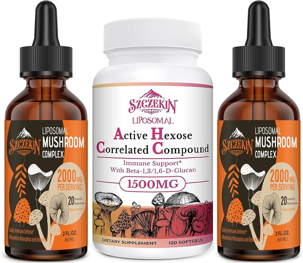 1500 MG Liposomal Active Hexose Correlated Supplement 120 SoftGels Bundle with 2000 MG Liposomal Mushroom Complex Drops 60 Servings