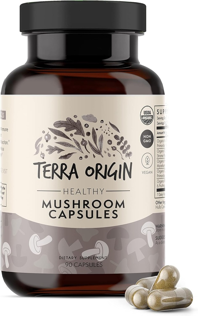 TERRA ORIGIN Healthy Mushroom Complex Supplement  90 Capsules ← Reishi, Lions Mane, Changa, Cordyceps, Maitake ANTE Immune & Nootropic Brain Support  Certified USDA Organic, Non GMO, Vegan