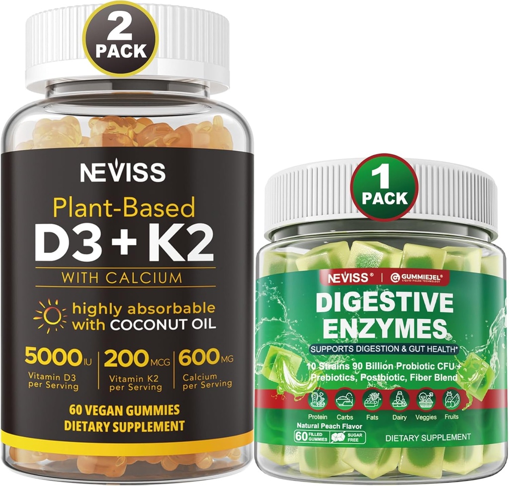 NEVISS Vitamina D3 5000iu & K2, Gummies de calcio y enzimas digestivos