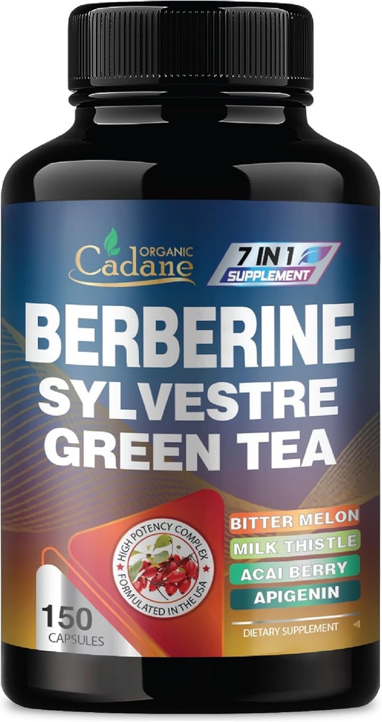 Cadane Berberine Extract - Suplemento bereberina con Gymnema Sylvestre, Green Tea &amp; More - 150 cápsulas para el sistema inmunitario, Digestion Health Support