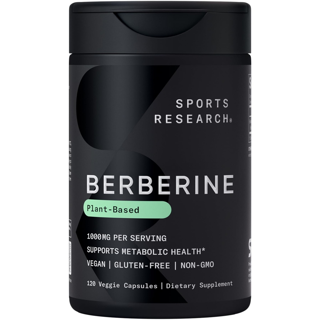 Sports Research Berberine - Herbal Ayurvedic Metabolic Health Support - 1000mg - 120 Capsules - Vegan Certified, Gluten-Free, Non-GMO
