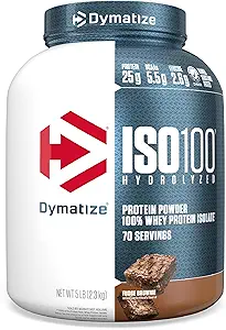 Dymatize ISO100 Whey Protein Powder Isolate, Fudge Brownie, 25g de Protein, 5 libras, 5.5g BCAAs, Menos Than 120 Cal., Gluten Free, 1g Fat, 1g Sugar, 2g Carb (70 Servings)
