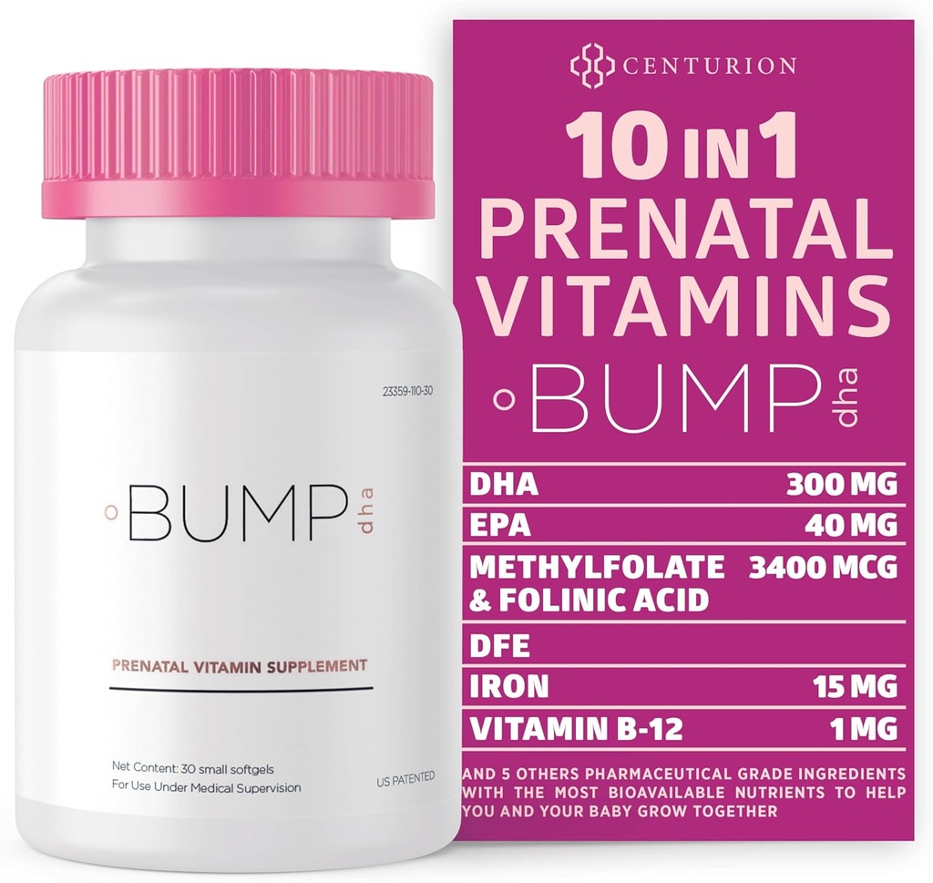 Las vitaminas prenatales Premium de Centurión [10 Ingredientes potentes] con DHA, EPA, Folate y Vitamina B12, Todos los suplementos de embarazo natural para el desarrollo fetal y el apoyo al embarazo, 30 Softgels