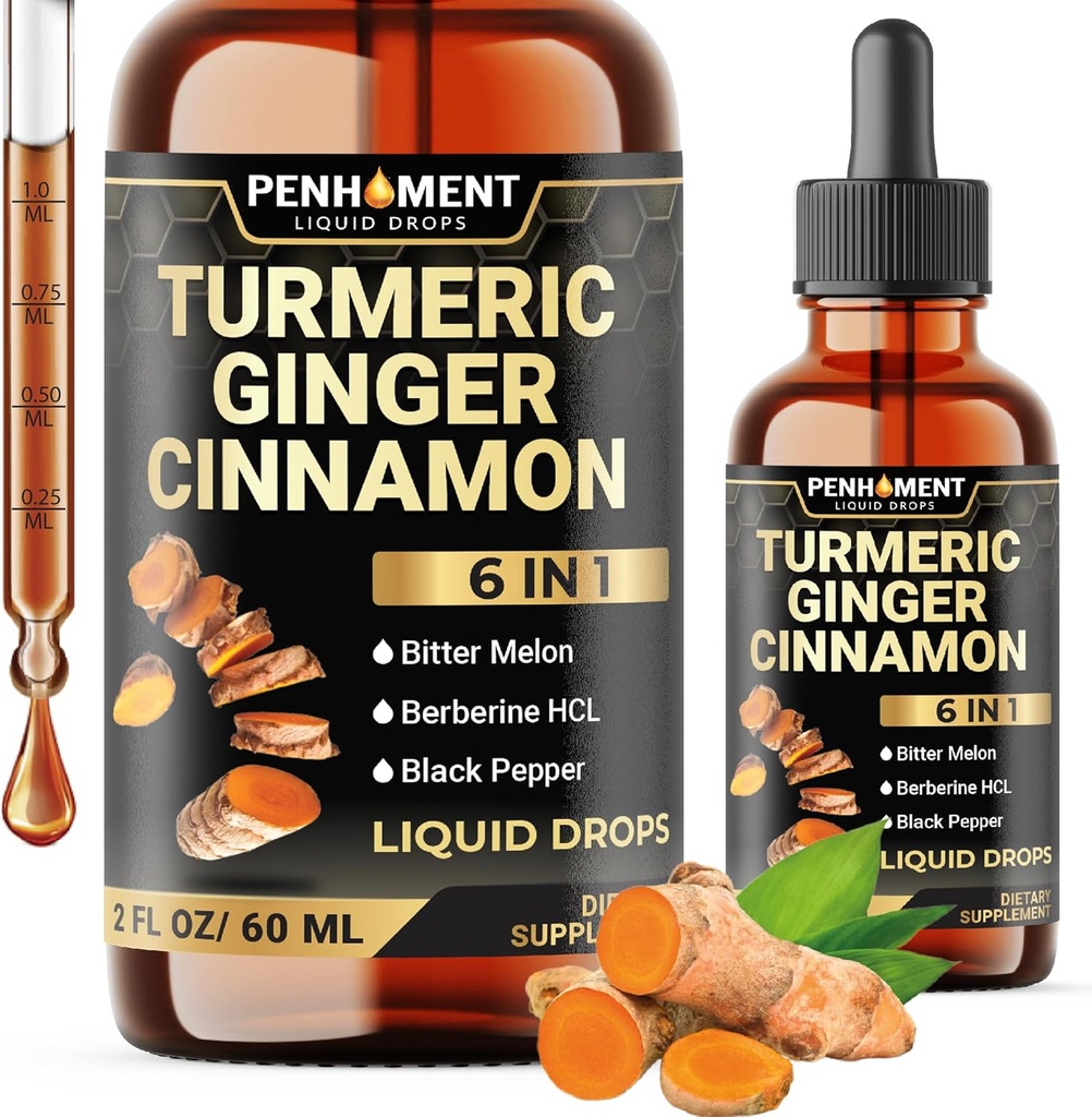 6in1 Liquid Turmeric Curcumin with Ginger, Berberine Extract, Ceylon Cinnamon, Bitter Melon, Black Pepper - Drops Extract - 2FL oz - 60 Servings