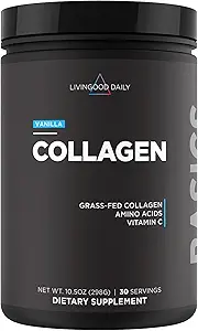 Livingood Daily Vanilla Collagen Powder for Women ' Men, Hydrolyzed Collagen Peptides Powder with Vitamin C, Protein with 20 Amino Acids, Type I & III, Grass Fed, Keto, Paleo, Gluten Free, 30 Srvgs