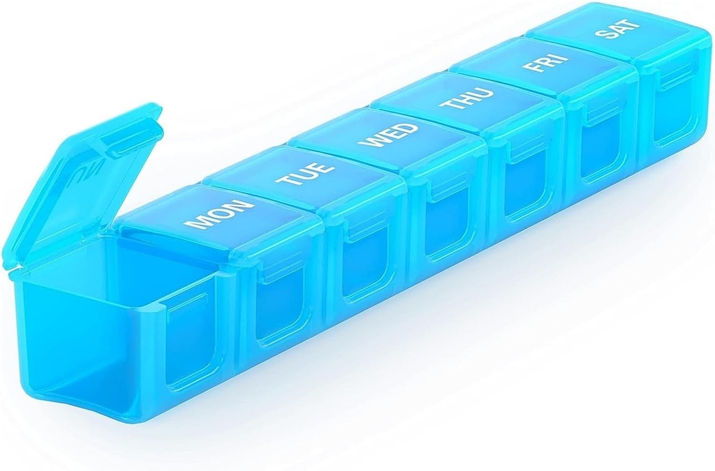 Sukuos Extra Large Weekly Pill Organizer, 7 Day Daily Pill Box Artritis Friendly, Silkscreen Printed Medicine Container with Clear Lid for Vitamins, Fish Oils or Supplements (Blue)
