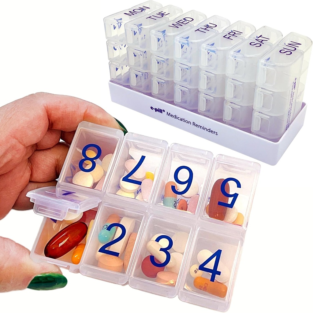 e-Pill 8 veces por día x 7 días Gran organizador semanal de píldoras, vitamina y caja de medicina (Clear)