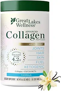 Great Lakes Wellness Keto Boost Advanced Collagen Peptides Polvo con 4.2g MCT - Vainilla Flavored - Nutritiously-Rich Non-Dairy Coffee Creamer o Smoothie Alt - Non-GMO, Kosher - 14.1 oz