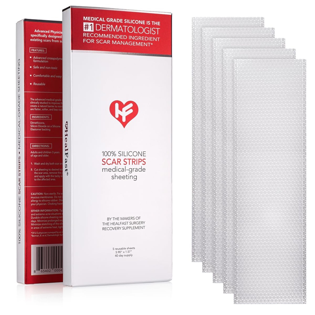 Hojas de cicatrices de silicona Fórmuladas de HealFast Physician - Advanced Crosspolymer Medical Grade Silicone Scar Strips for Surgery, C Section, Keloids " Hypertrophic Scars - Silicone Tape For Scars (5 hojas)