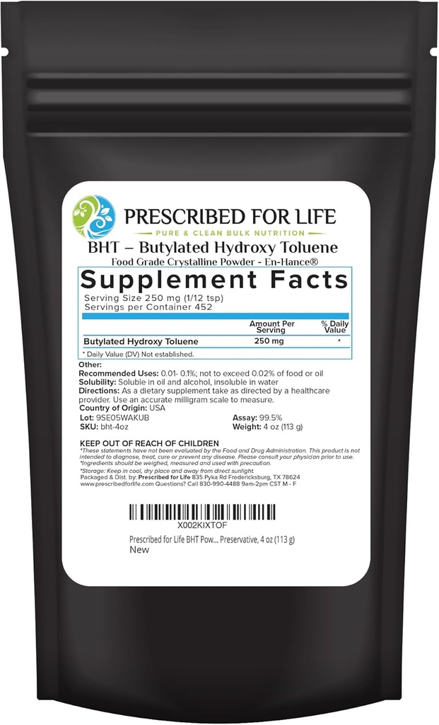 Prescrito para la vida BHT Powder, Powdered Butylated Hydroxytoluene for Food Preservation, Vegan, Gluten Free, Non GMO, Unbleached, Soy Free (4oz / 113g)