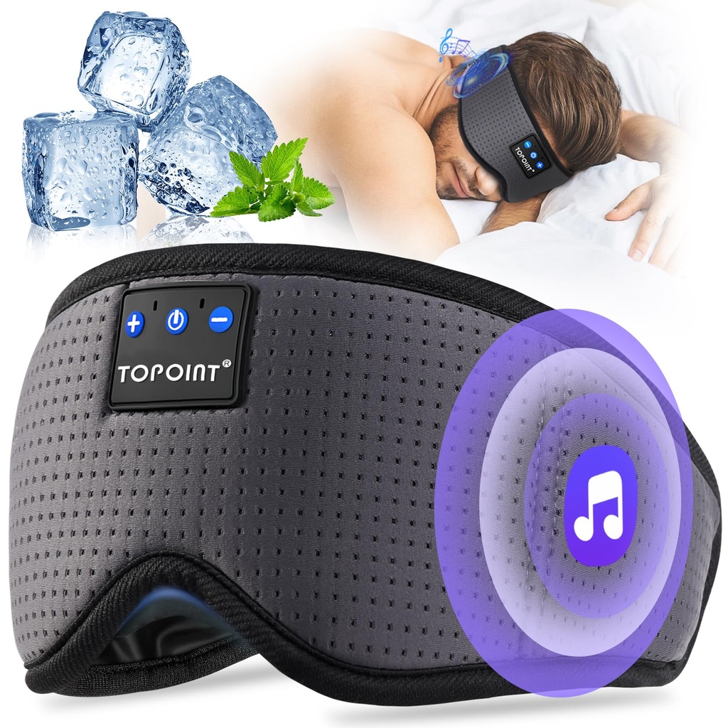 TOPOINT Sleep Mask with Bluetooth Headphones, Breathable Silk Eye Mask for Sleeping Men Women, Bluetooth Sleep Mask Blackout with Speakers, Microphone Handsfree, USB C for Travel Meditation Gifts