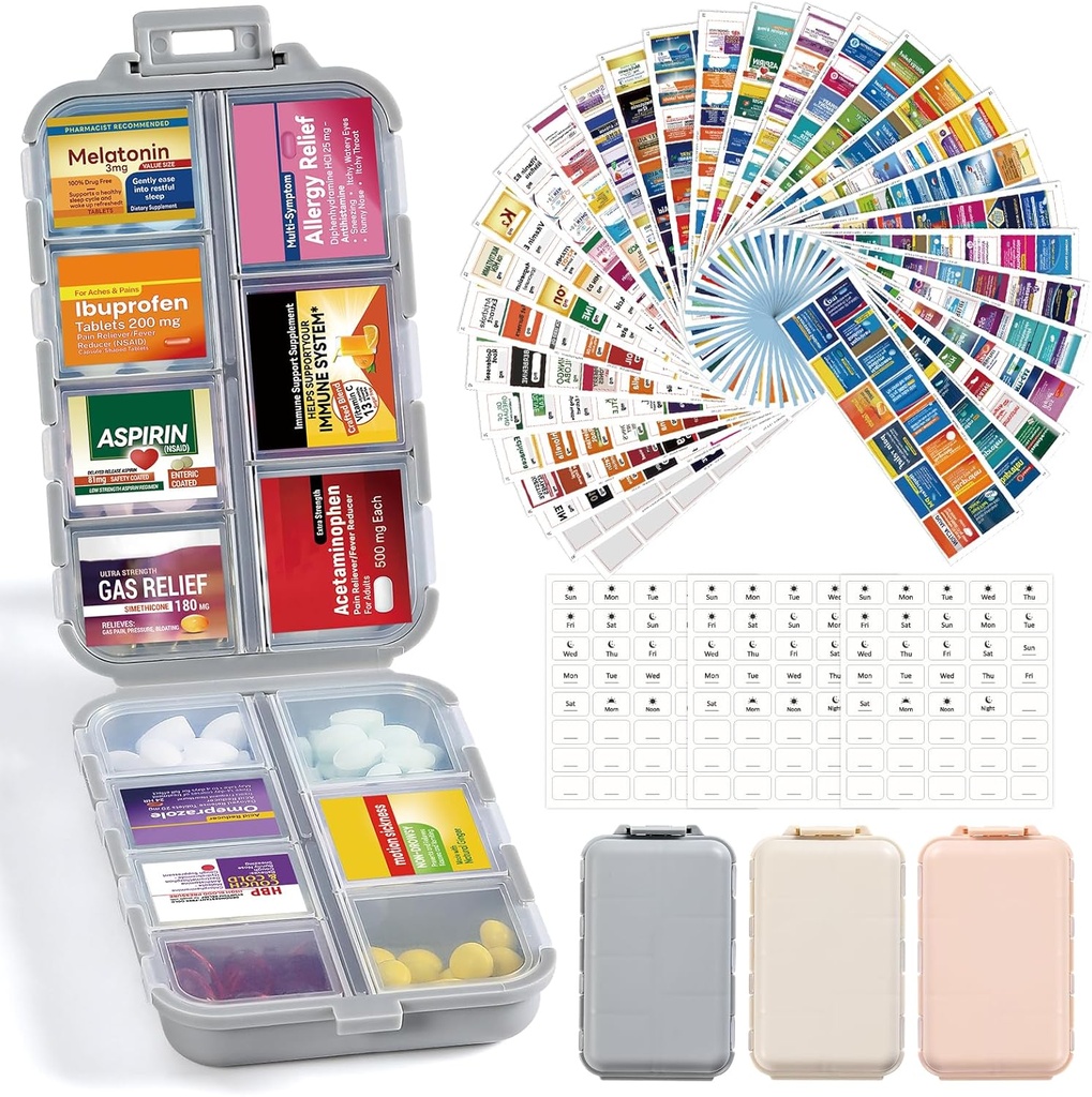 3 Pack 14 Grids Travel Pill Organizer Box con 415-Pcs Medicine Name Labels - Pocket Daily Pharmacy Case Container Kit - Travel Medication Holder Dispenser for Fish Oil Vitamin Supplement Storage