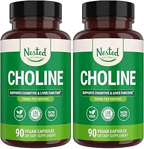 Anidados Naturales Choline Bitartrate 500mg - High Potency Choline Supplements - Supports Maternal & Fetal Health During Pregnancy* - 100% Vegan " Non-GMO - 2-Pack (180 cápsulas Vegan)