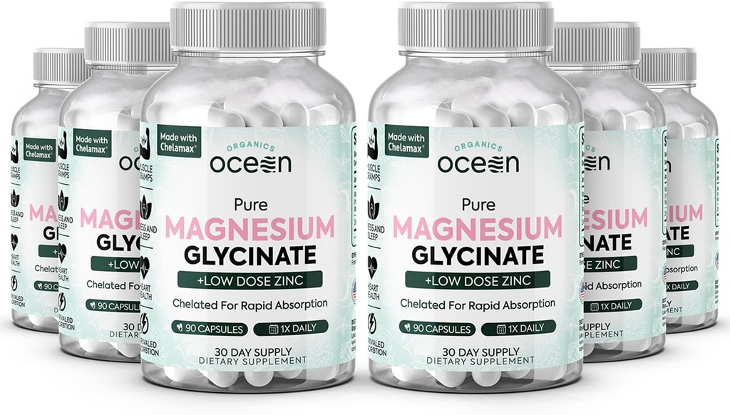 Orgánicas Magnesio Puro Glycinate con Zinc - Maximum Strength Suplemento de magnesio Chelated para Mujeres y Hombres para Calambres musculares y Apoyo al sueño - 6 Botellas