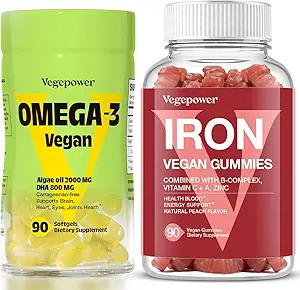 Vegan Iron Gummies + Vegan Omega-3  Iron Supplement Support Blood Healthy &amp; Daily Energy for Adults &amp; Kids ← Algae Omega-3 DHA Supplements for Brain, Heart Eyes Health- 90 Count