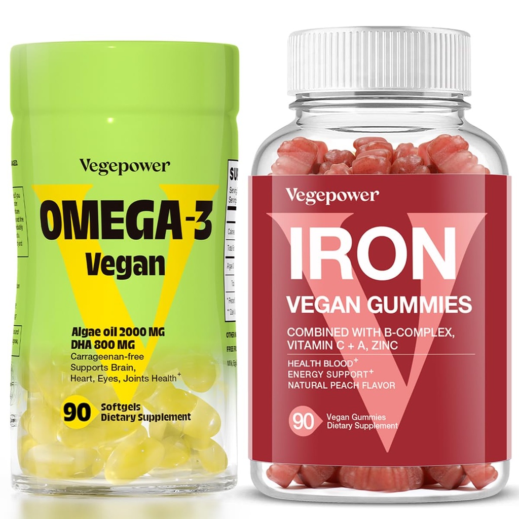 Vegan Iron Gummies + Vegan Omega-3  Iron Supplement Support Blood Healthy &amp; Daily Energy for Adults &amp; Kids ← Algae Omega-3 DHA Supplements for Brain, Heart Eyes Health- 90 Count